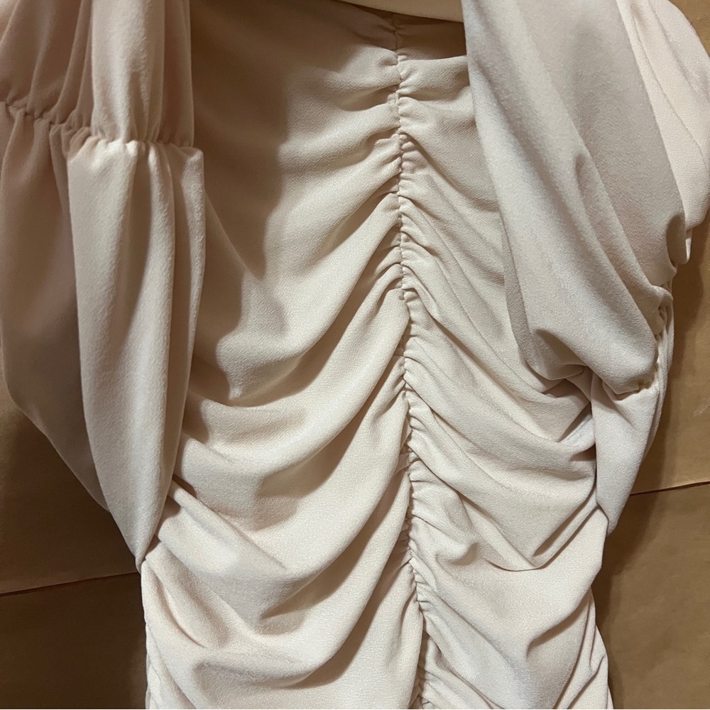 Pixie Market | Riva Ruched Off The Shoulder Top Crepe Jersey Beige Size M - Picture 7 of 12